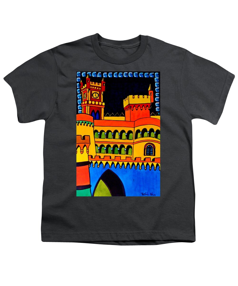 Castle Youth T-Shirt featuring the painting Pena Palace Portugal by Dora Hathazi Mendes