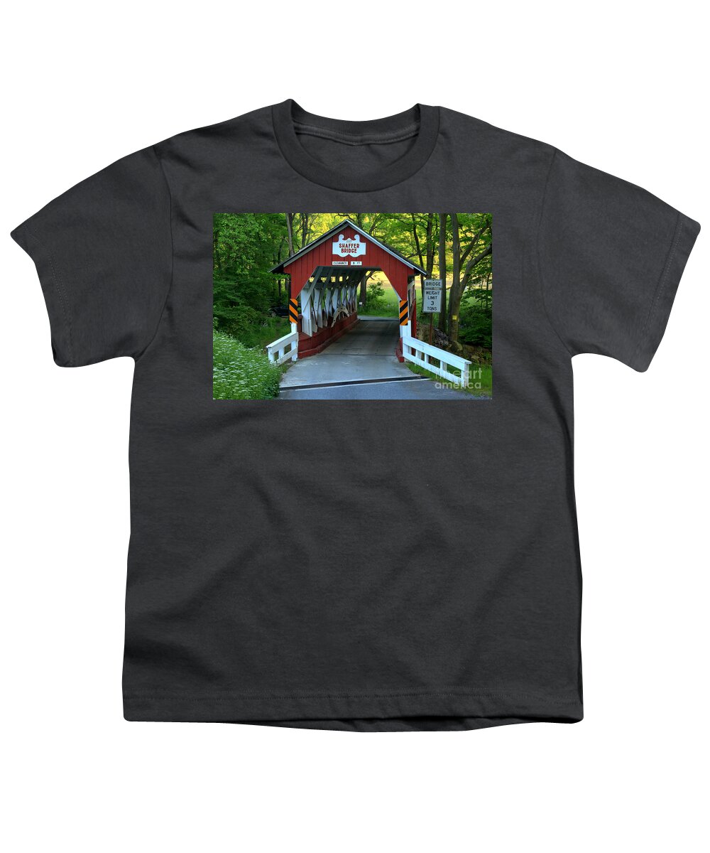 Shaffer Covered Bridge Youth T-Shirt featuring the photograph Pennsylvania Shaffer Covered Bridge by Adam Jewell