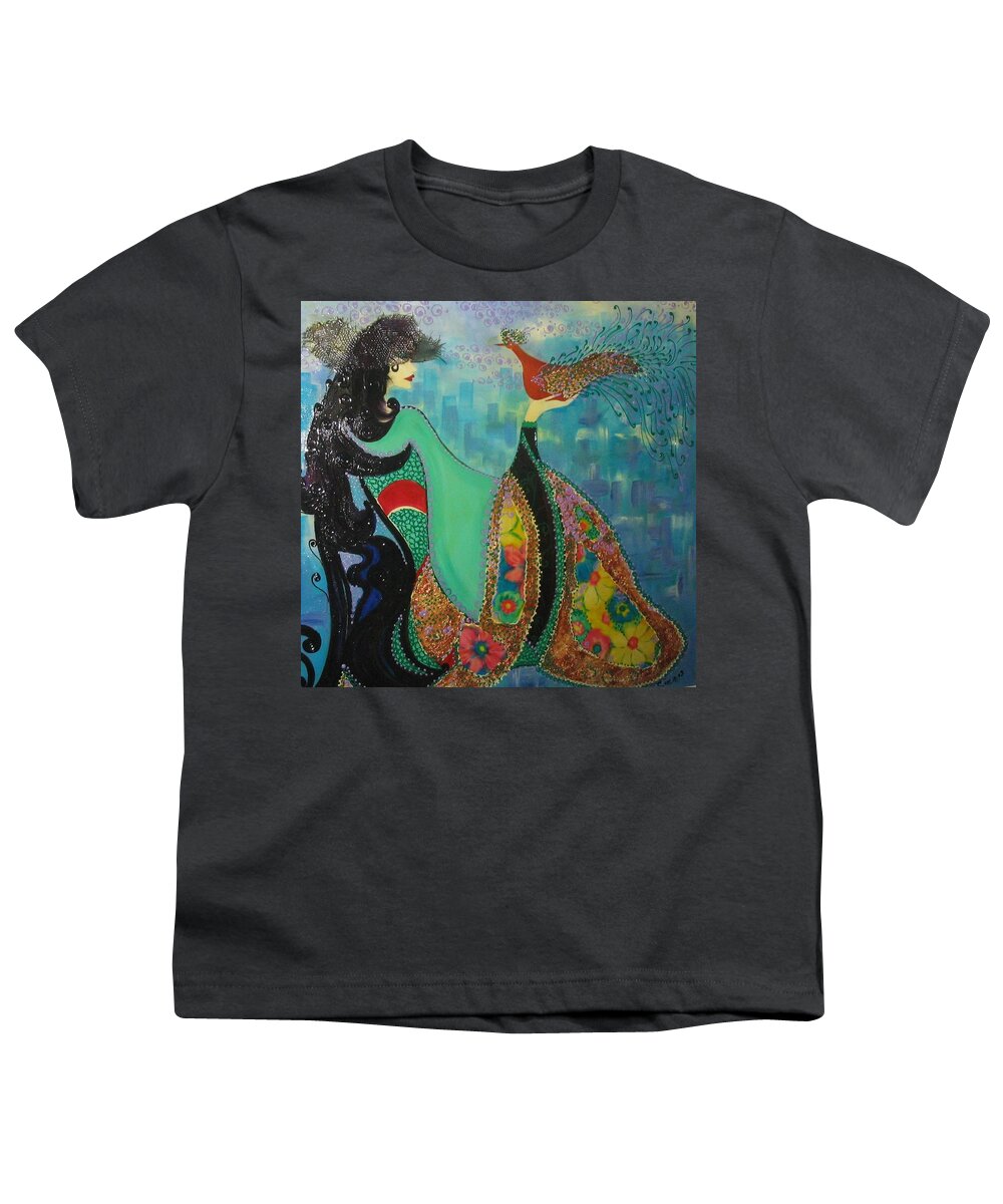 Women Youth T-Shirt featuring the painting Persian women with the Bird by Sima Amid Wewetzer