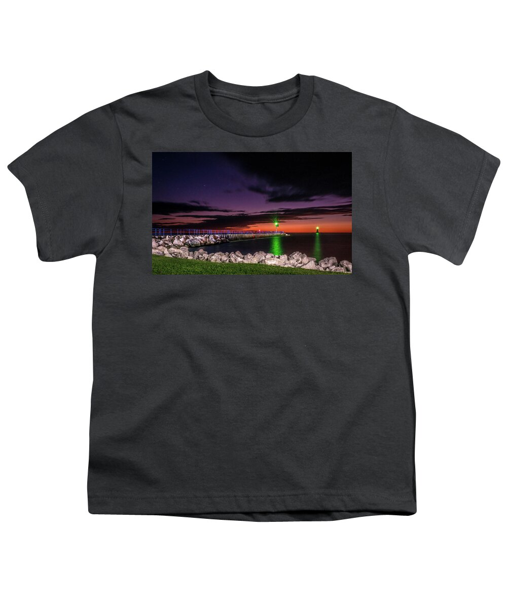 Lake Michigan Youth T-Shirt featuring the photograph Pier and Lighthouse by Lester Plank