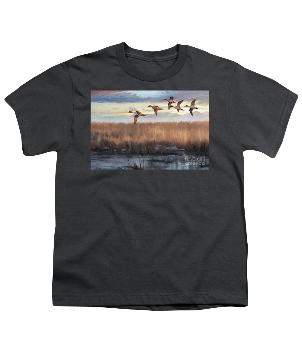 Animals Youth T-Shirt featuring the painting Pintail Fly By by Robert Corsetti