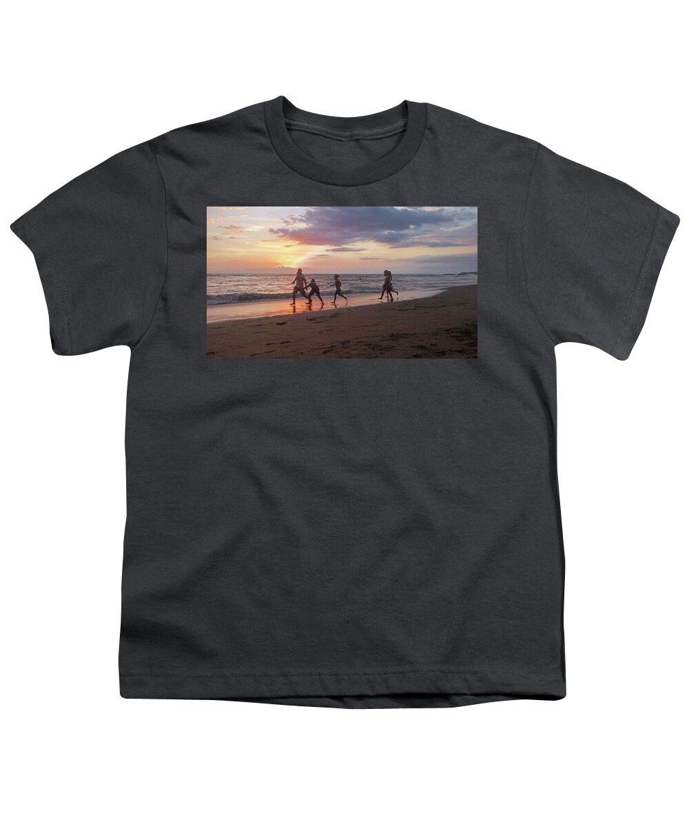 Kids Youth T-Shirt featuring the photograph Playing In The Beach. by Maria Marganingsih