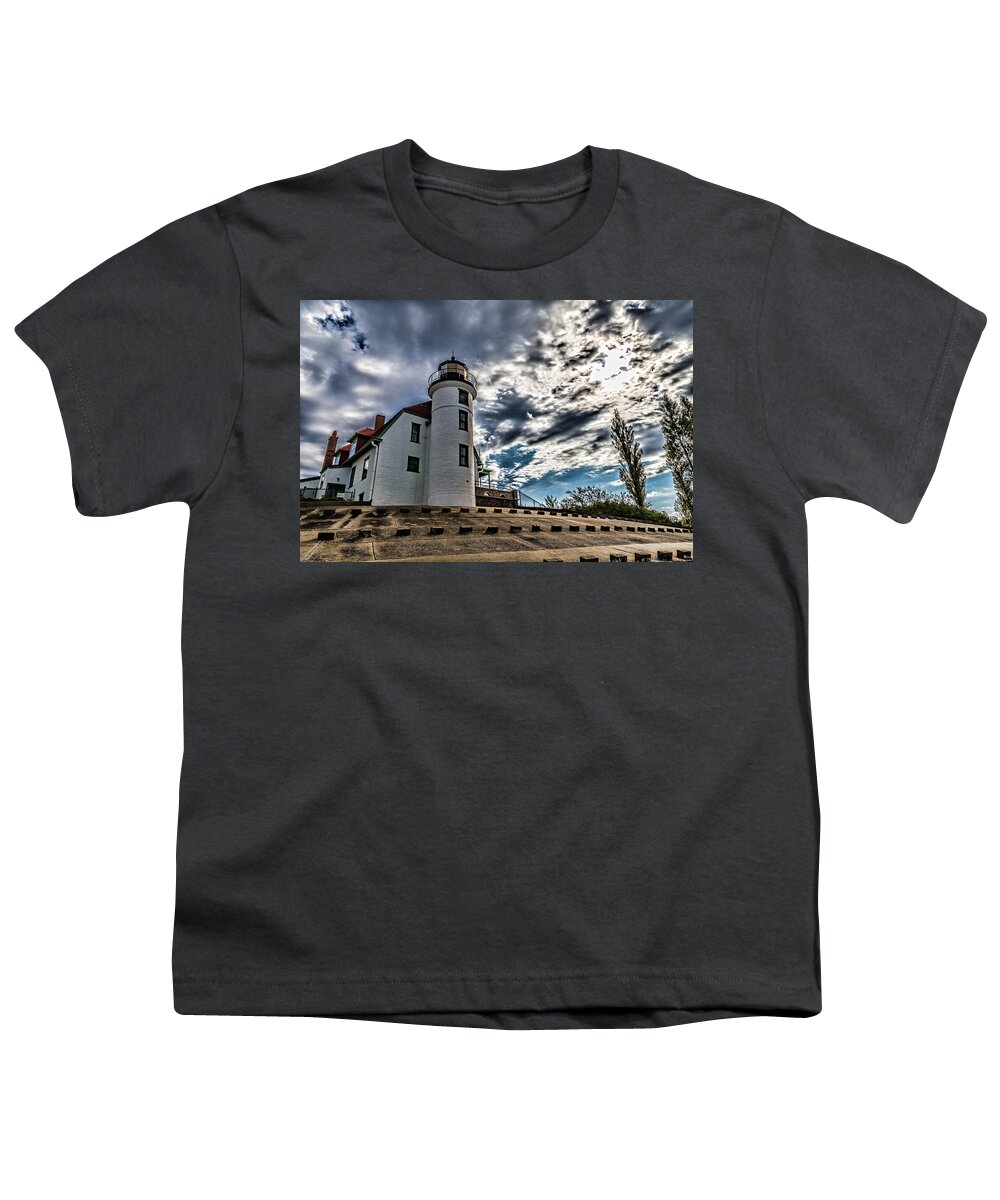 Point Betsie Lighthouse Youth T-Shirt featuring the photograph Pointe Betsie Lighthouse skies by Joe Holley