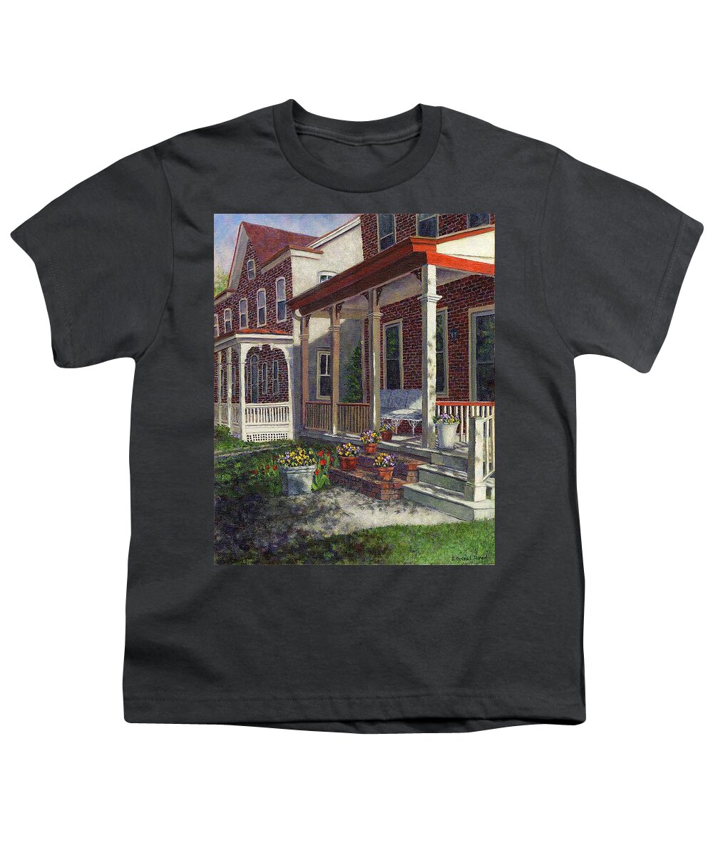 Pansies Youth T-Shirt featuring the painting Porch with Pots of Pansies by Susan Savad