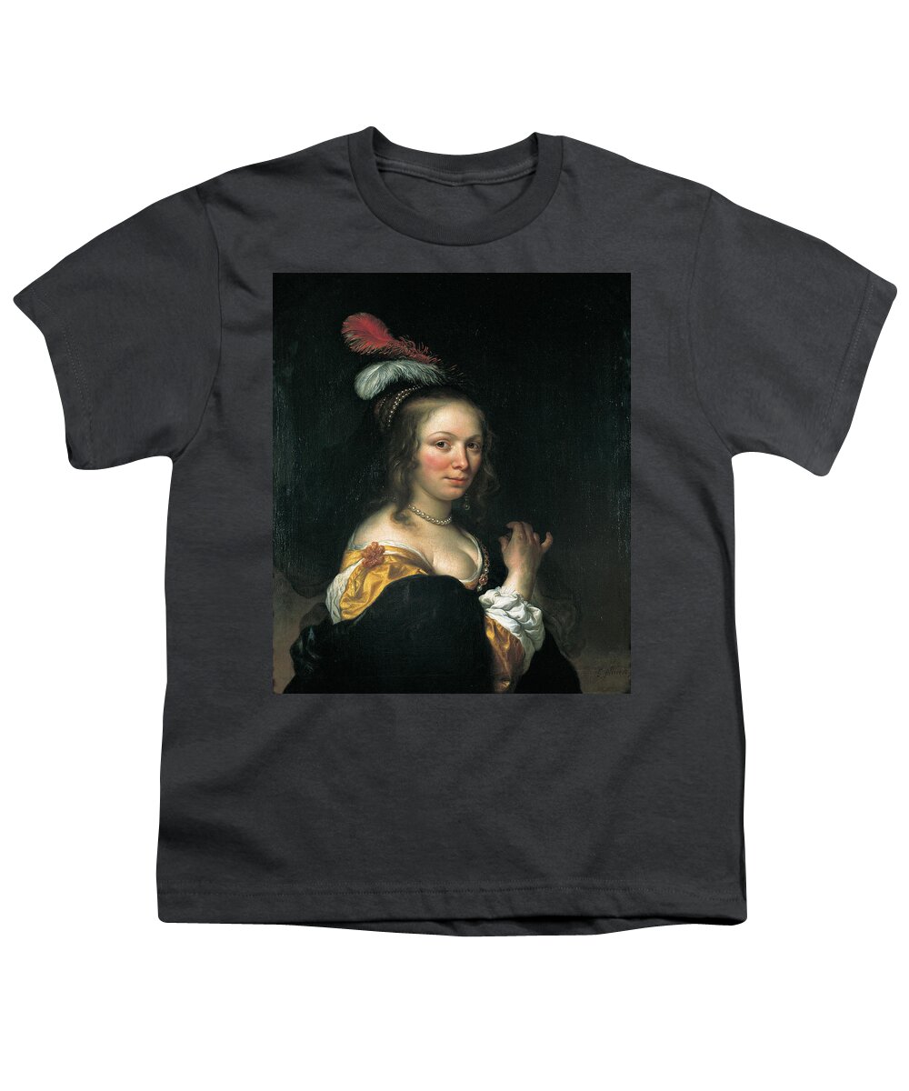 Govert Flinck Youth T-Shirt featuring the painting Portrait of young woman with a hat with feathers by Govert Flinck