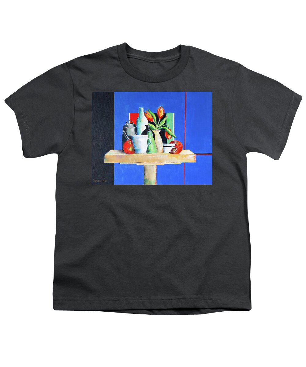 Acrylic Youth T-Shirt featuring the painting Pots And Vases On Blue by Seeables Visual Arts