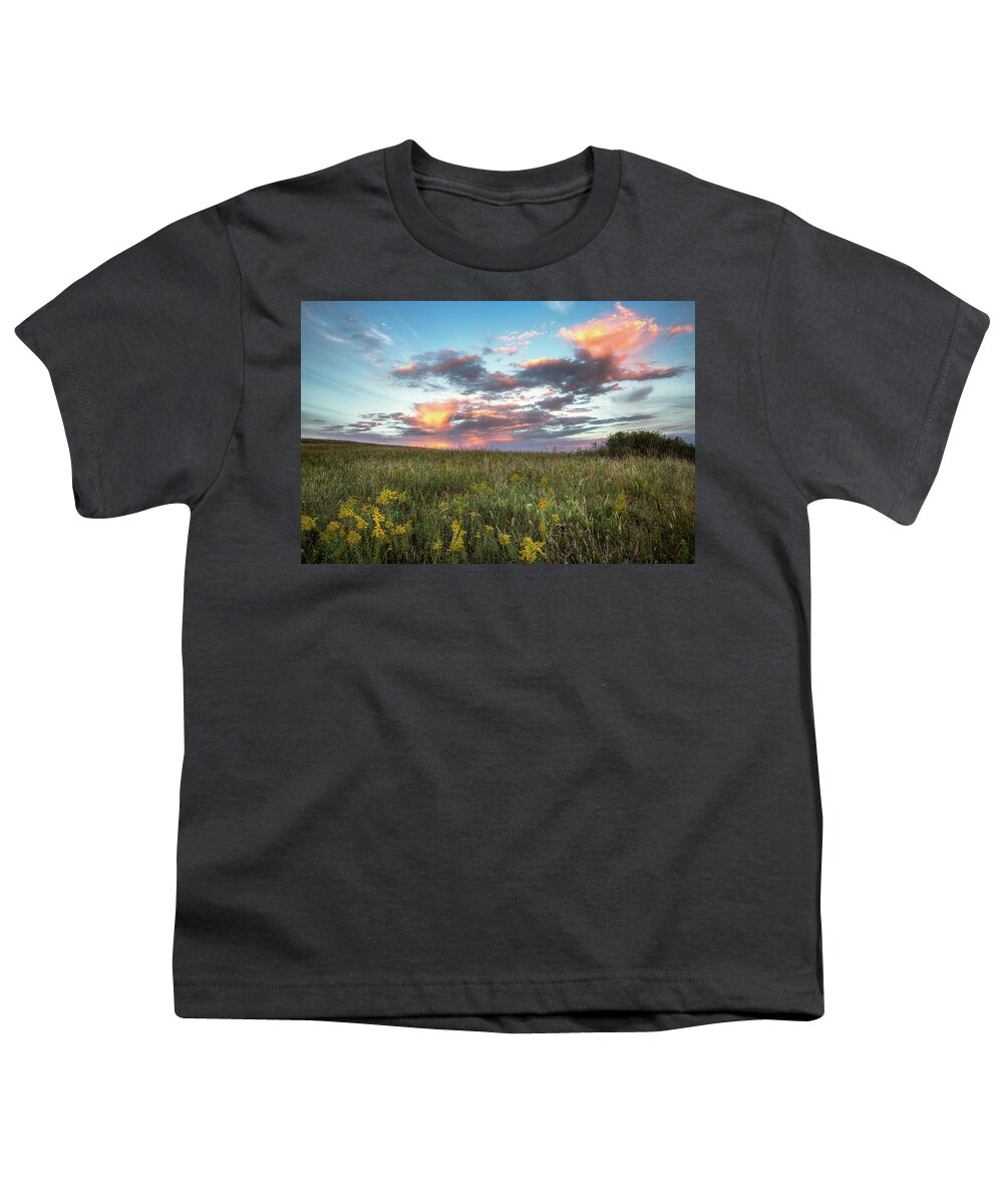 Oklahoma Youth T-Shirt featuring the photograph Prairie Fire - Beautiful Sky Over Tallgrass Prairie in Oklahoma by Southern Plains Photography
