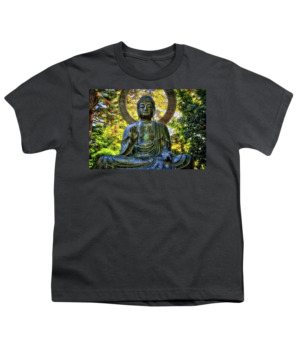 California Youth T-Shirt featuring the photograph Protection Buddha #3 - Japanese Tea Gardent - Golden Gate Park - San Francisco by Jennifer Rondinelli Reilly - Fine Art Photography