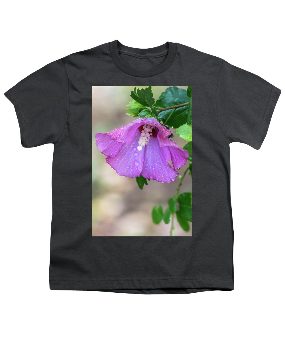 Terry D Photography Youth T-Shirt featuring the photograph Purple Rose Of Sharon Raindrops by Terry DeLuco