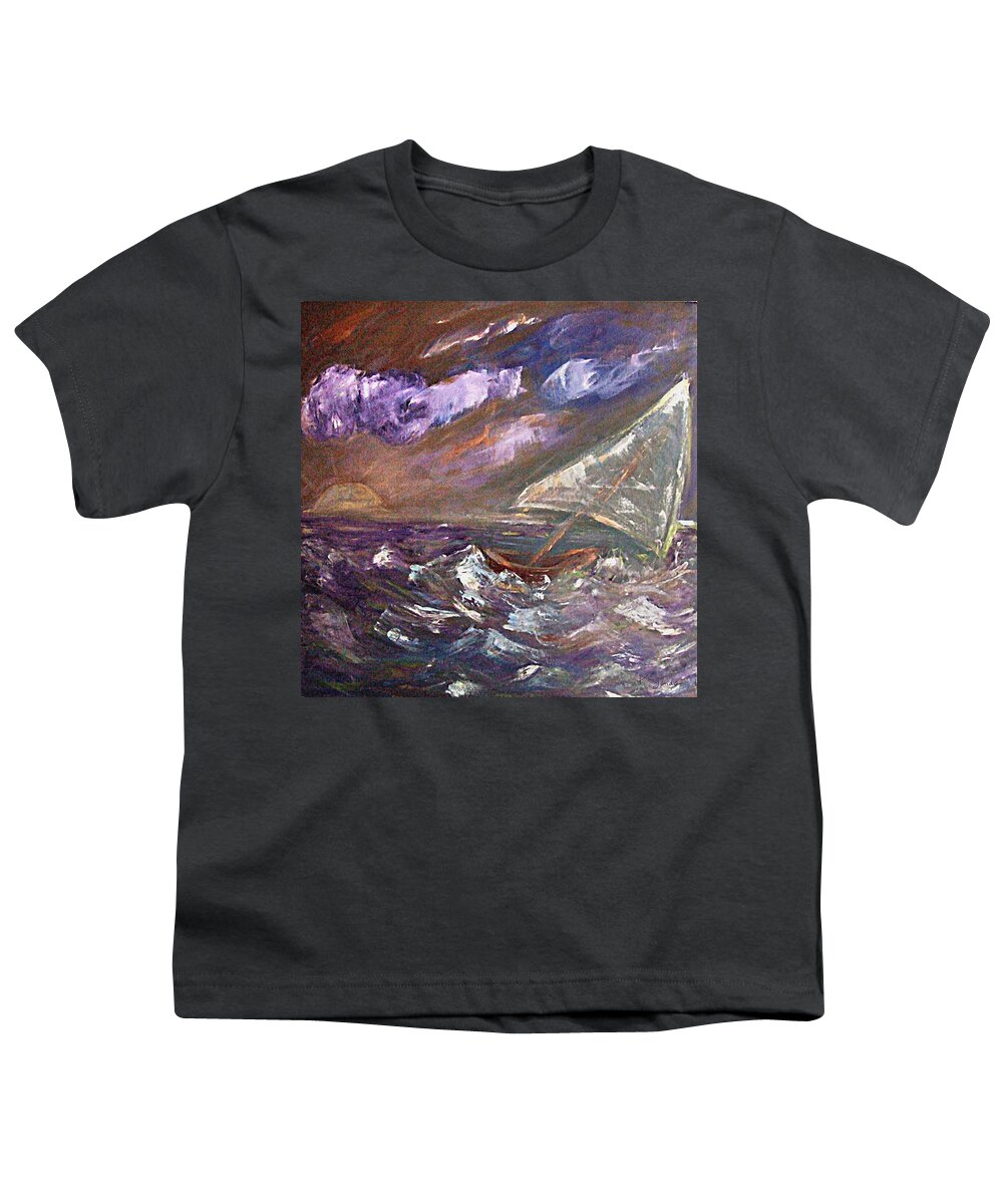 Katt Yanda Original Art Landscape Oil Painting Canvas Purple Sea Ocean Storm Waves Tipping Sailboat Dusk Sunset Youth T-Shirt featuring the painting Purple Sea Storm by Katt Yanda
