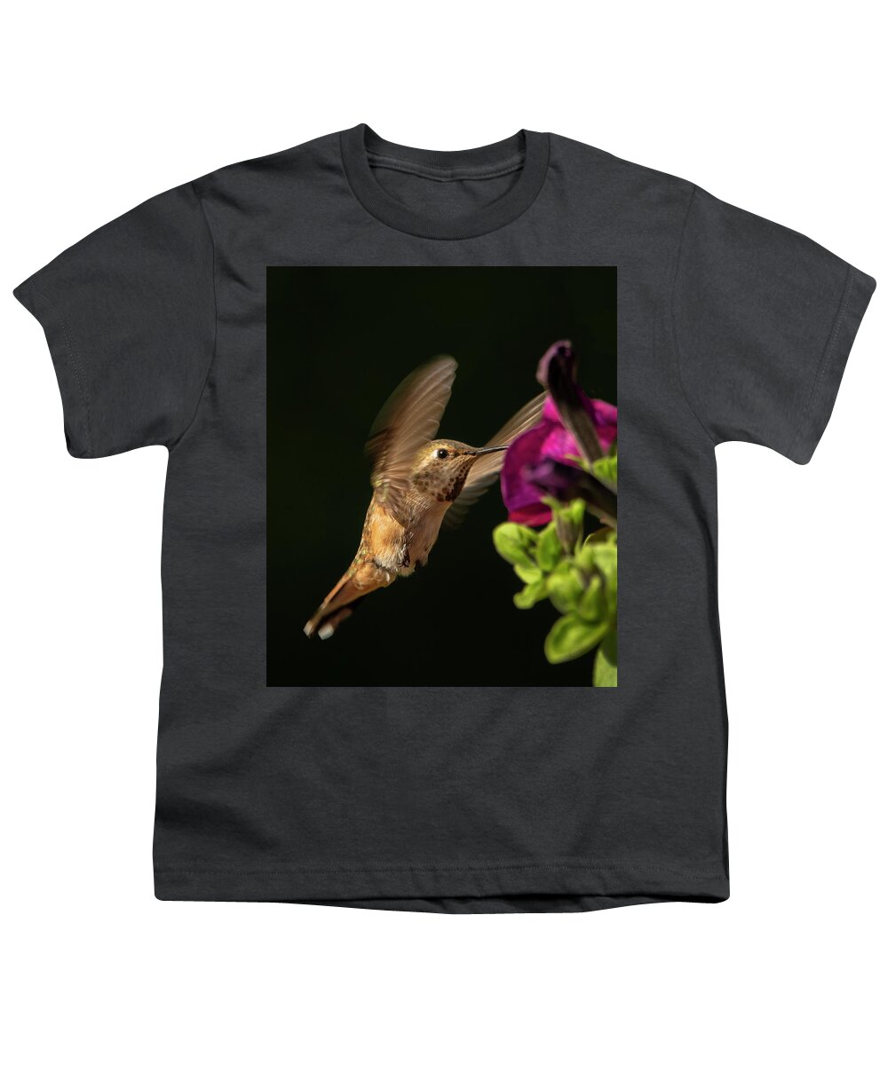 Rufous Hummingbird Youth T-Shirt featuring the photograph Reaching for the flower by Inge Riis McDonald