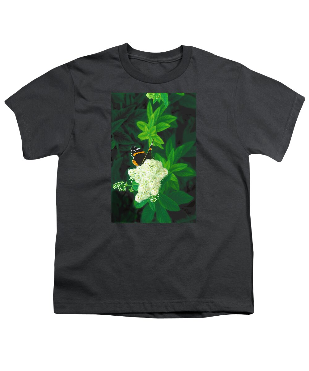 Red Admiral Butterfly Youth T-Shirt featuring the photograph Red Admiral on Spirea by Janis Senungetuk