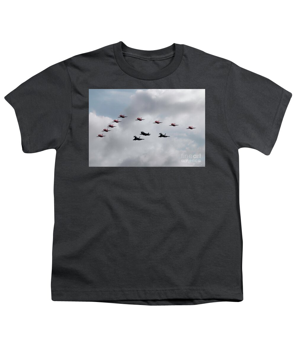 Red Arrows With F35 And Typhoons Youth T-Shirt featuring the digital art Red Arrows F35 and Typhoons by Airpower Art