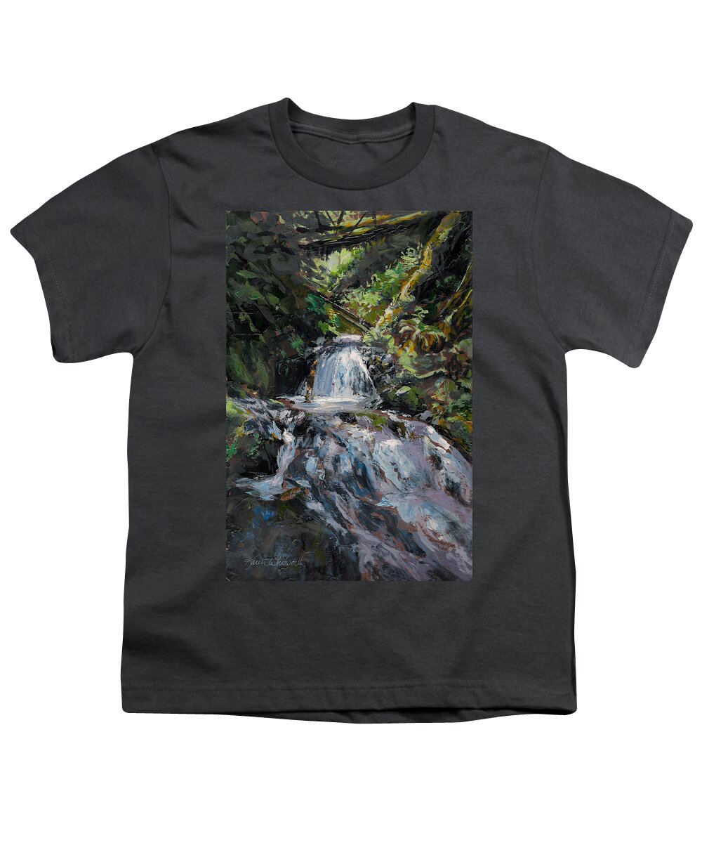 Impressionistic Youth T-Shirt featuring the painting Refreshed - Rainforest Waterfall Impressionistic Painting by K Whitworth