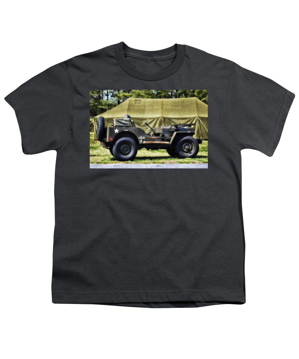 Jeep Youth T-Shirt featuring the photograph Restored Willys Jeep and Tent at Fort Miles by Bill Swartwout