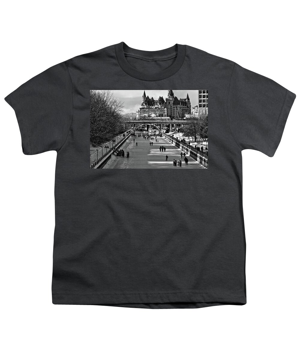 Rideau Canal Youth T-Shirt featuring the photograph Rideau Canal is open for skating BW by Tatiana Travelways