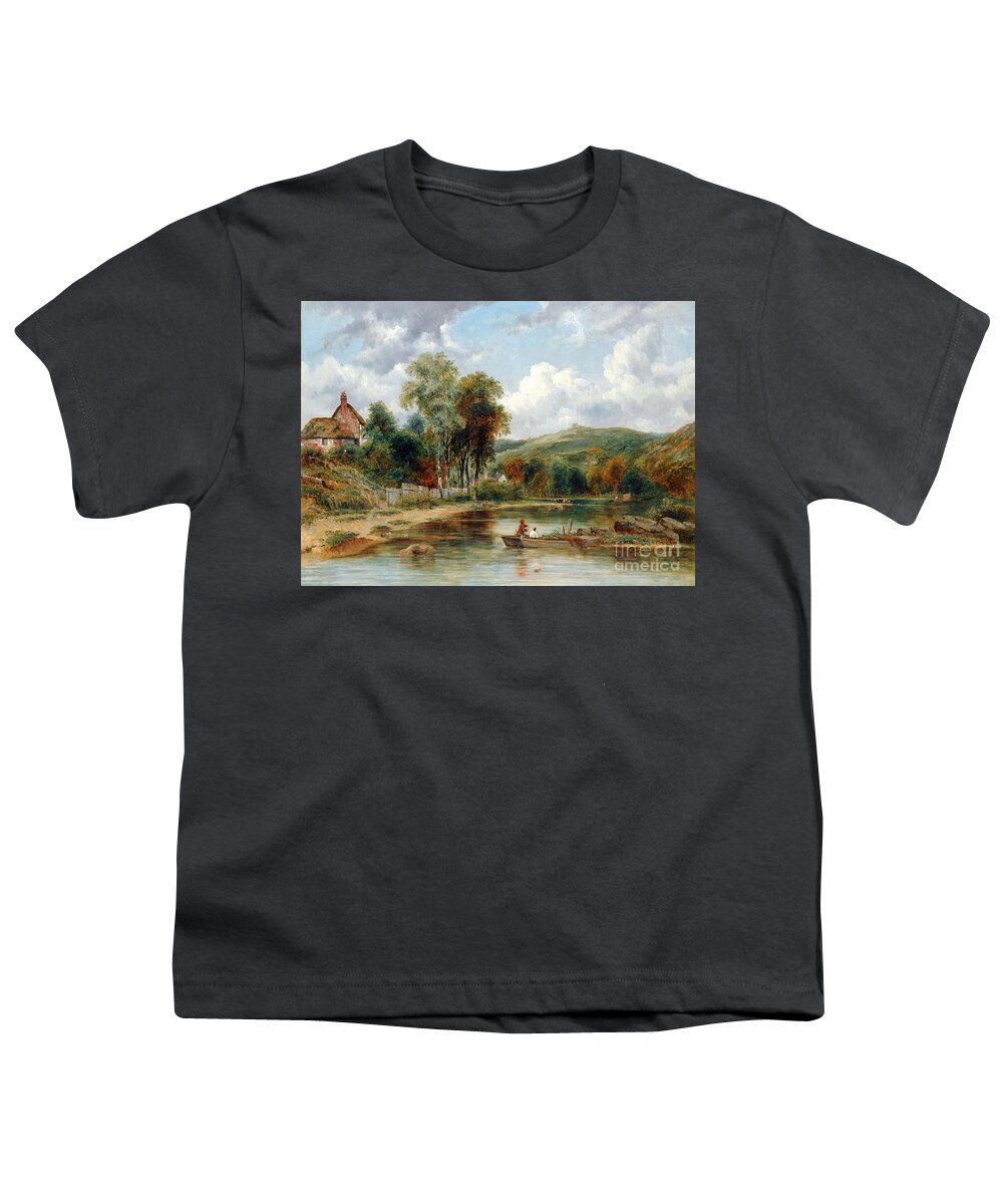 Frederick Waters Watts - River Landscape With Two Boys In A Boat Fishing Youth T-Shirt featuring the painting River Landscape with Two Boys by MotionAge Designs