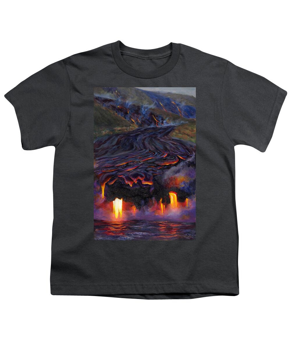 Hot Lava Youth T-Shirt featuring the painting River of Fire - Kilauea Volcano Eruption Lava Flow Hawaii Contemporary Landscape Decor by K Whitworth