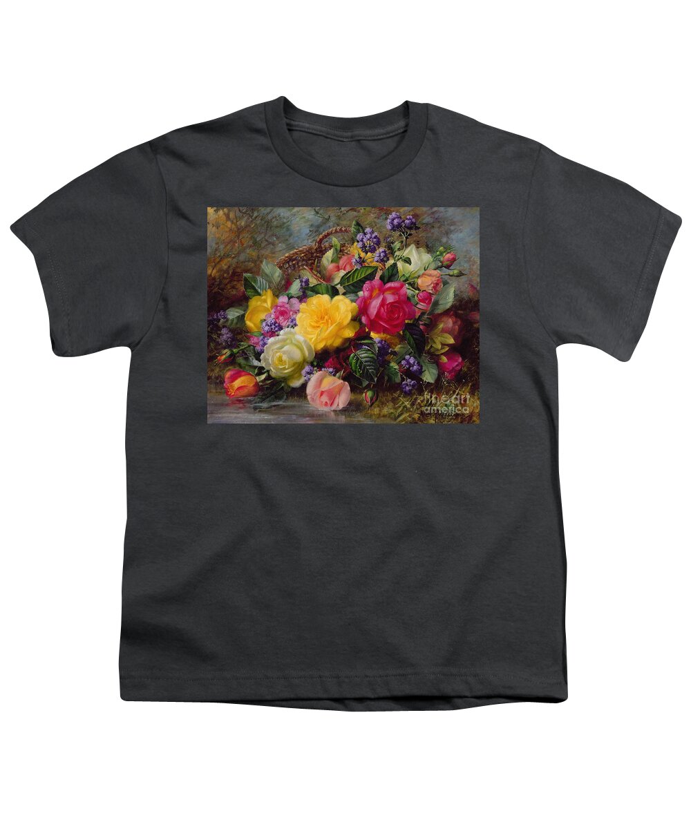 Rose; Flower; Reflection; Flowers; Pink; Yellow; White; Roses; Basket; Water; Grass; Grassy; Grassy Bank; Pond Youth T-Shirt featuring the painting Roses by a Pond on a Grassy Bank by Albert Williams