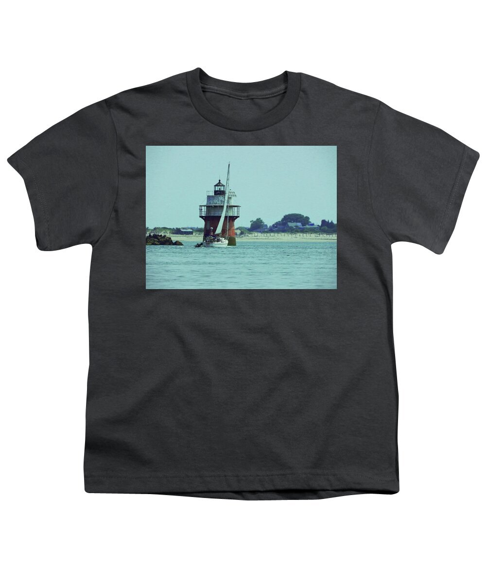 Sailing Ocean Harbor Lighthouse Nautical Beach Youth T-Shirt featuring the photograph Sailing Across Bug Light by Kathleen Moroney