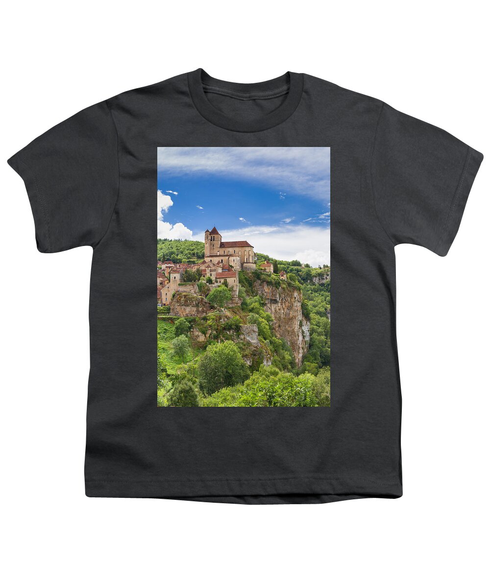 Blue Youth T-Shirt featuring the photograph Saint Circ Lapopie in France against a blue sky by Semmick Photo