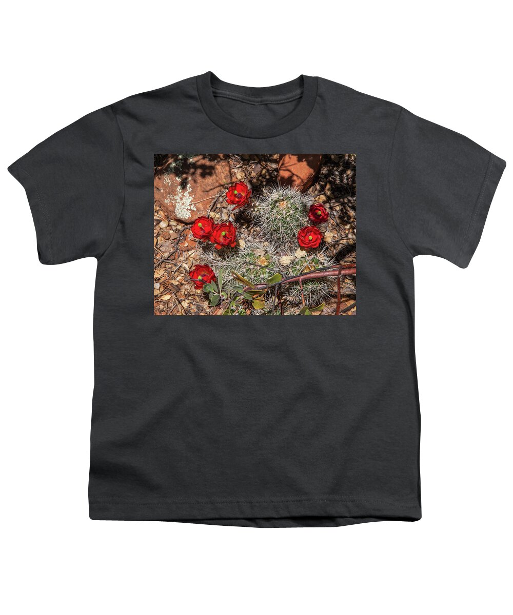 Scarlet Flowers Youth T-Shirt featuring the photograph Scarlet Cactus Blooms by Lon Dittrick