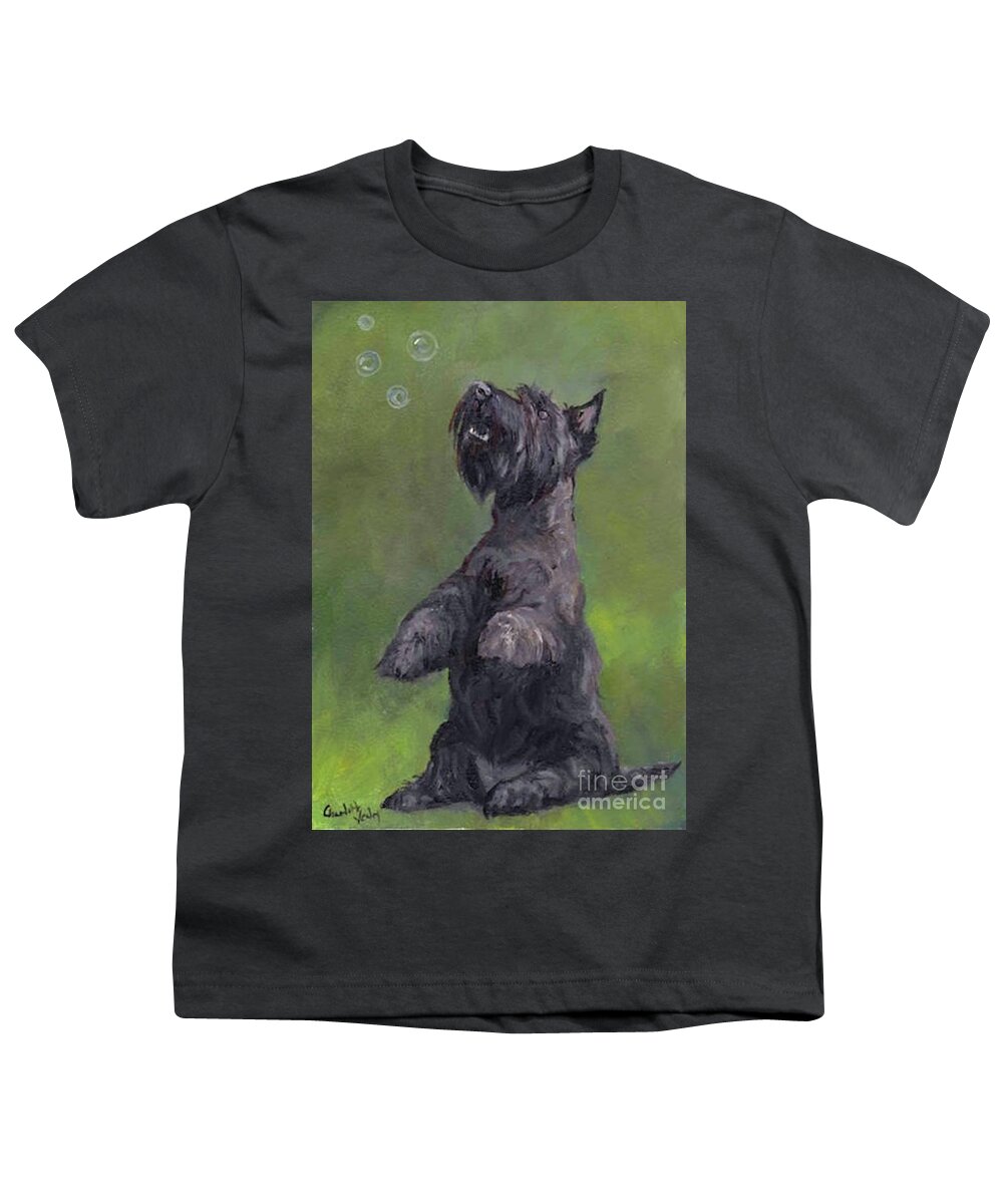 Scottish Terrier Youth T-Shirt featuring the painting Scottie Likes Bubbles by Charlotte Yealey