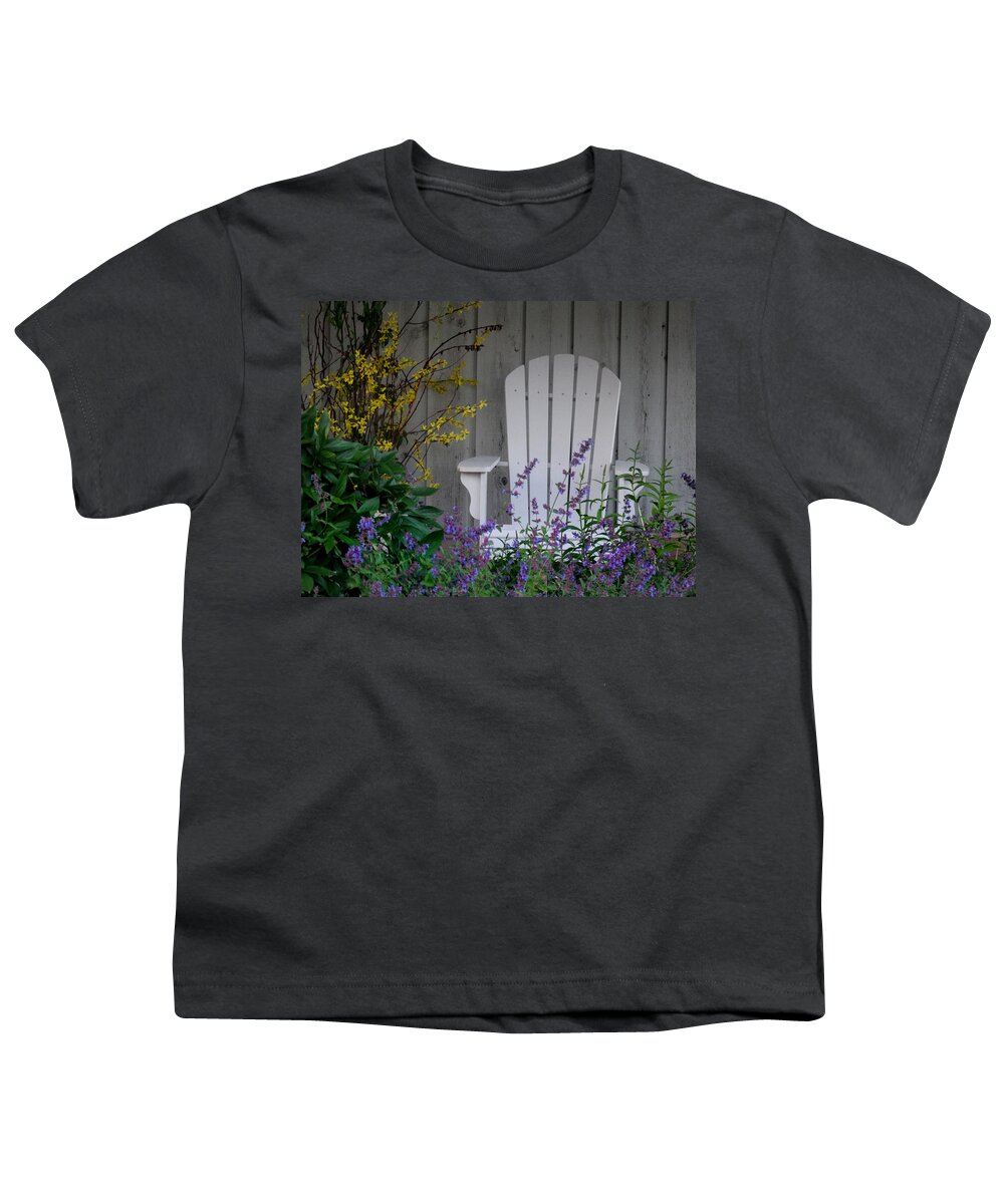 Adirondack Chair Youth T-Shirt featuring the photograph Sitting Amidst the Blossoms by David T Wilkinson