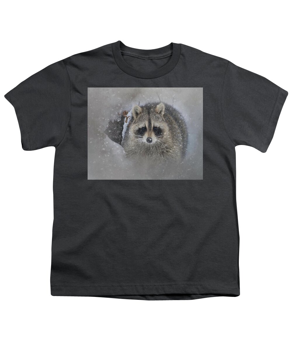 Adorable Youth T-Shirt featuring the photograph Snowy Raccoon by Teresa Wilson