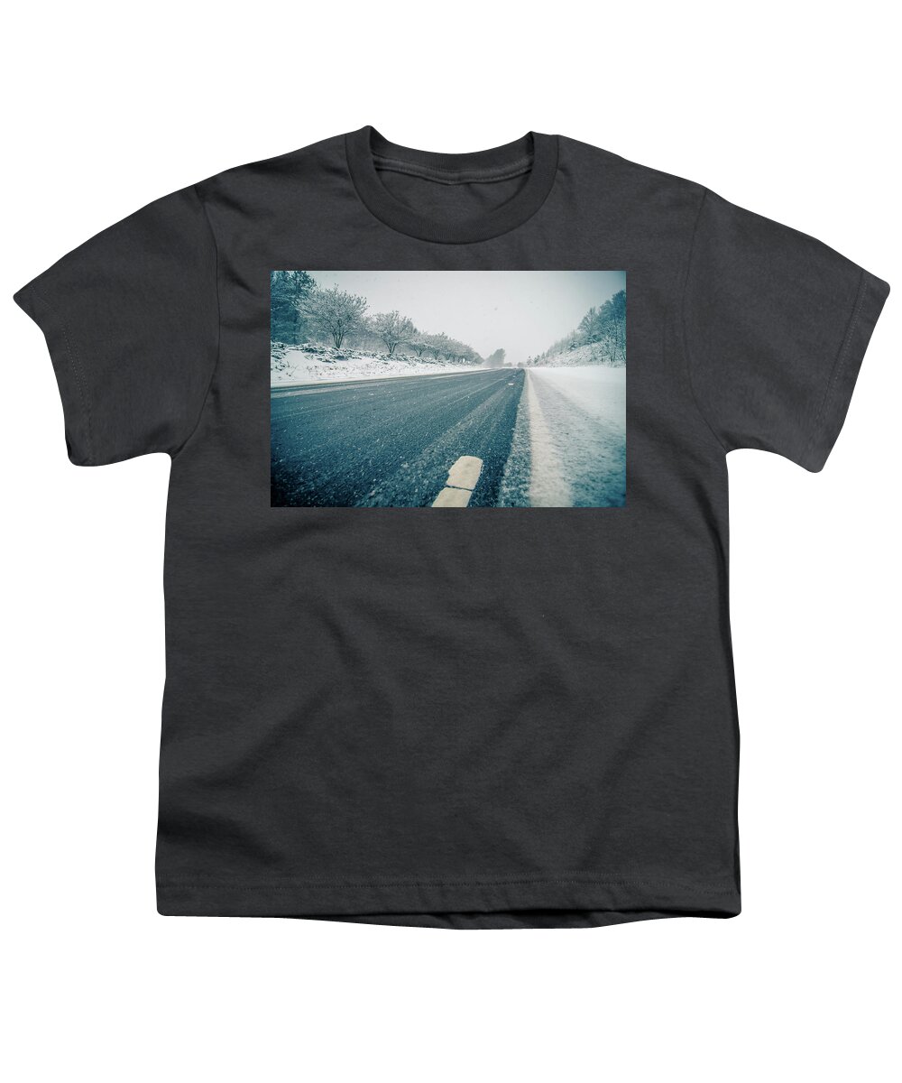 Welcome Youth T-Shirt featuring the photograph Snowy Weather Conditions Around Charlotte Airport In North Carol by Alex Grichenko