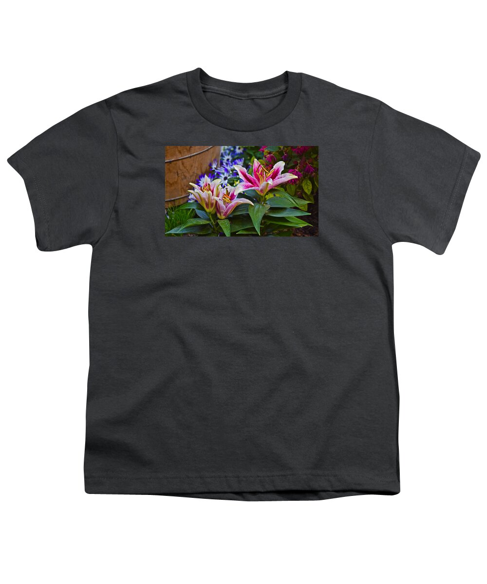 Oriental Lilies Youth T-Shirt featuring the photograph Spring Show 15 Lily Trio by Janis Senungetuk