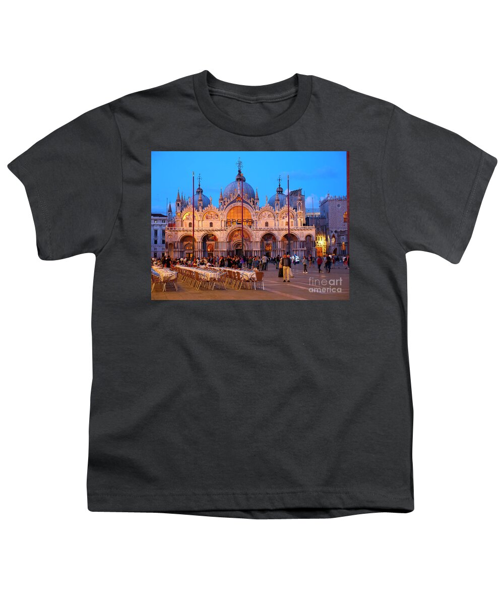 St Mark's Square Youth T-Shirt featuring the photograph St Mark's Square and the Basilica at night in Venice by Louise Heusinkveld