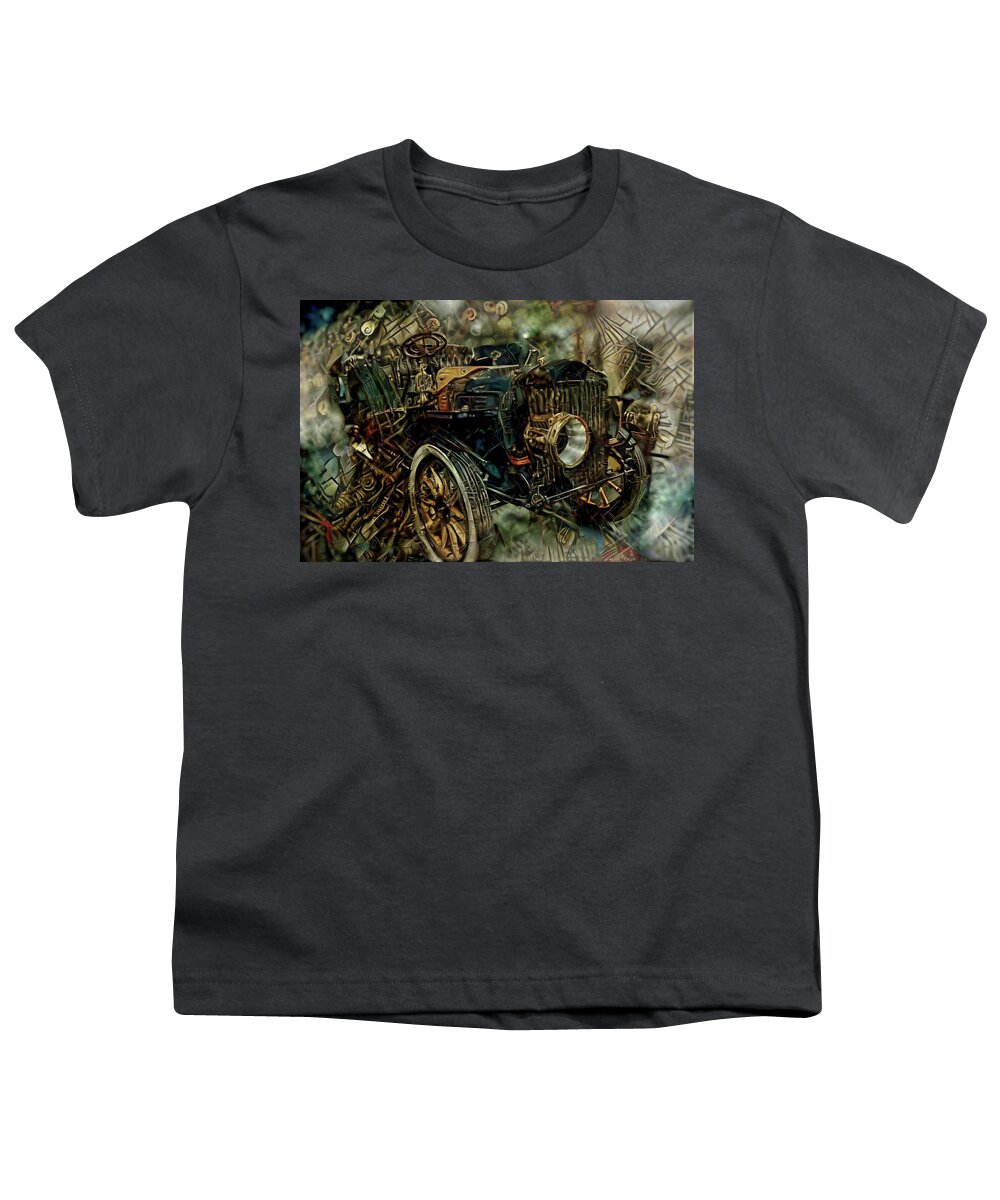 Steampunk Automobile Youth T-Shirt featuring the mixed media Steampunk Automobile by Lilia D