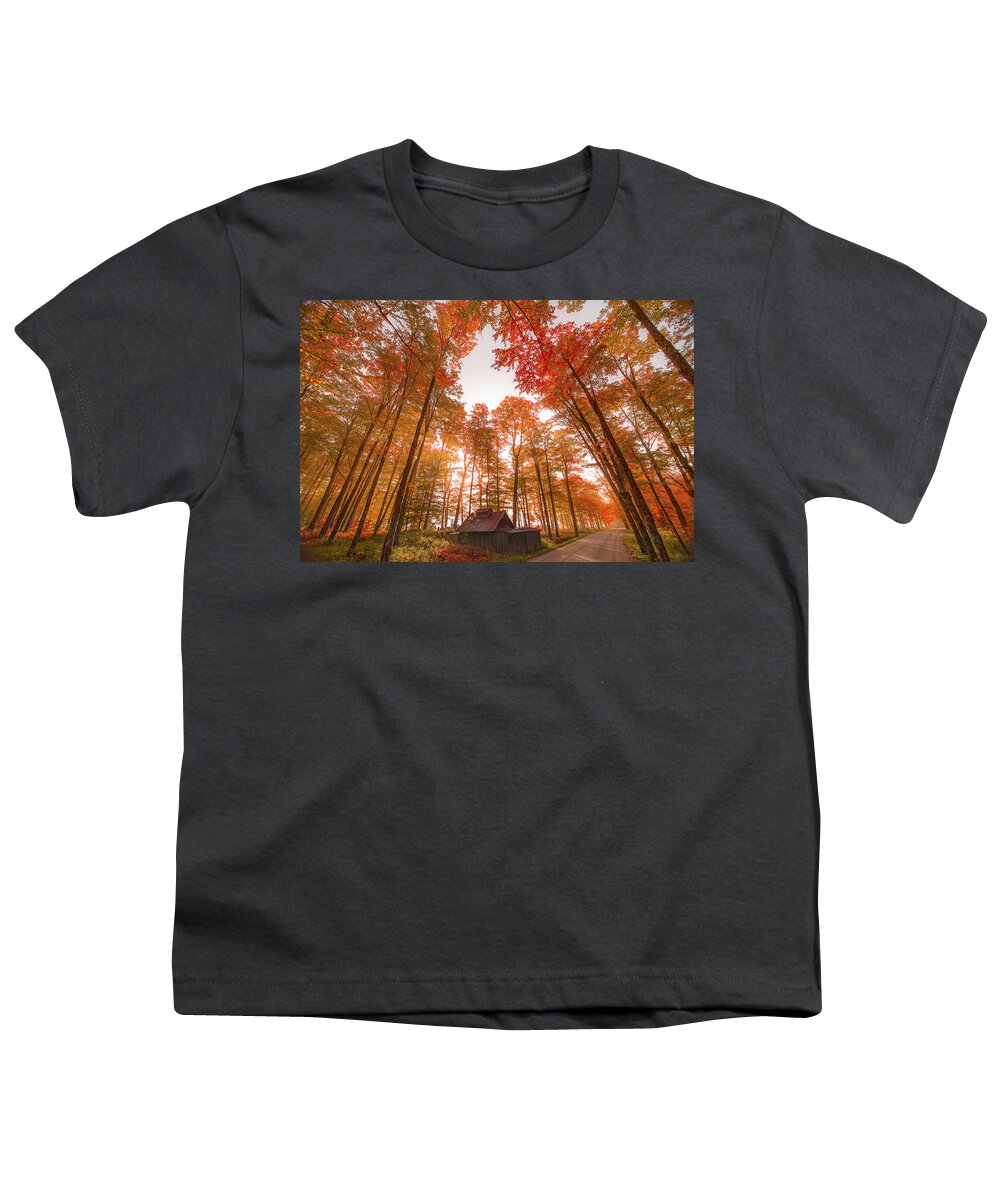 Sugarhouse Youth T-Shirt featuring the photograph Sugarhouse Rd on Foggy Morning by Tim Kirchoff