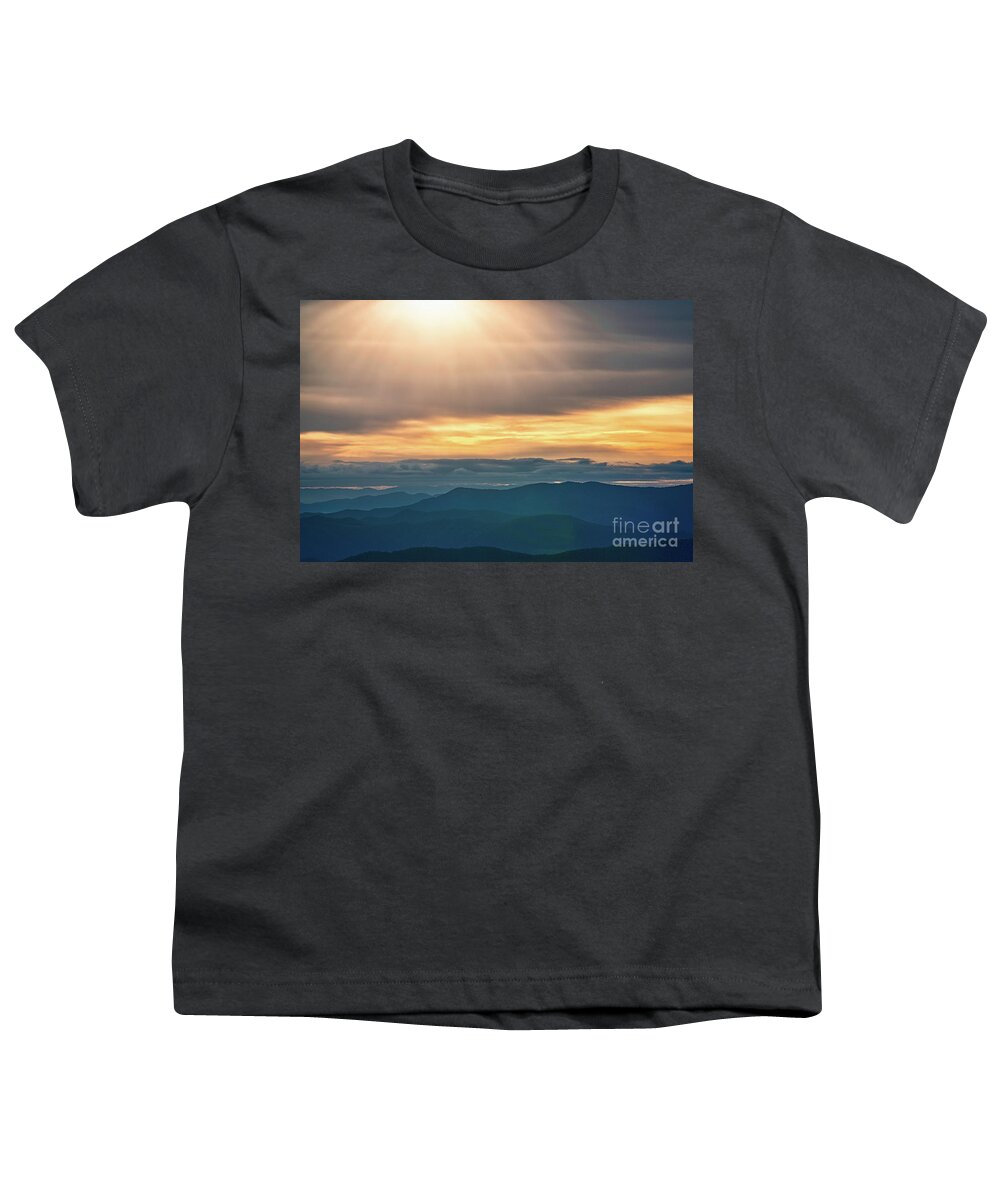 Smokies Youth T-Shirt featuring the photograph Sun peeking over Smokies by Izet Kapetanovic