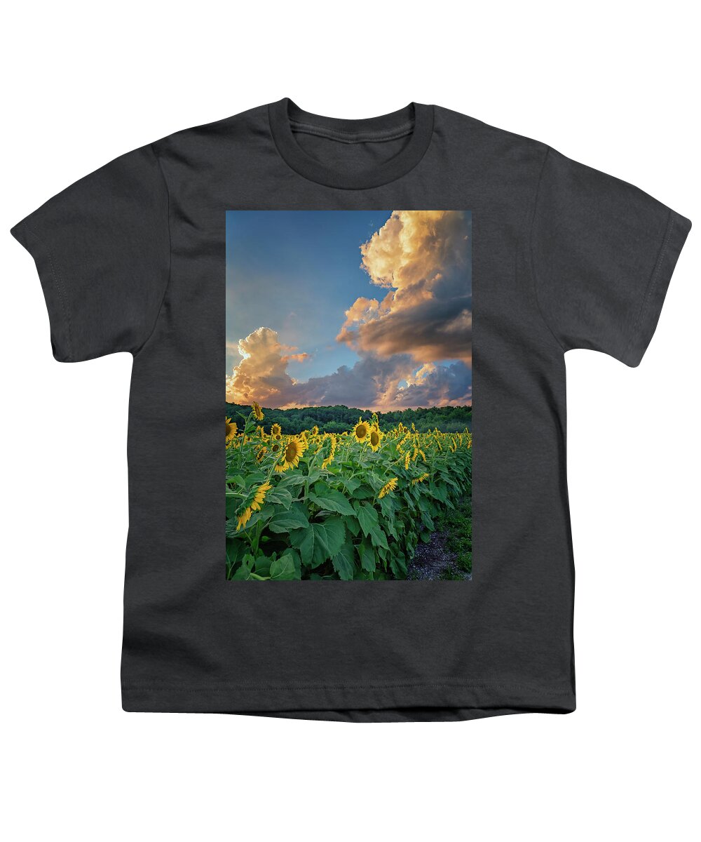 Garden Youth T-Shirt featuring the photograph Sunflowers Sunset Weldon Spring MO GRK8303_07152018-HDR by Greg Kluempers