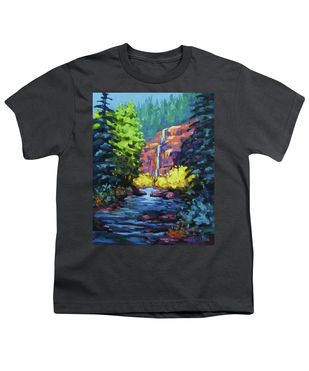 Color Youth T-Shirt featuring the painting Sunlit Waterfall by Karen Ilari