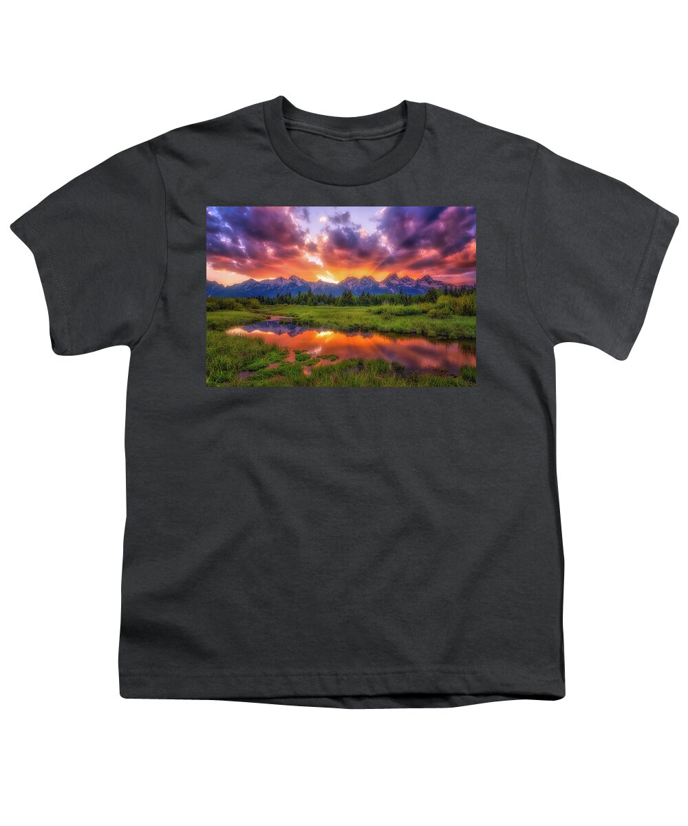 Sunset Youth T-Shirt featuring the photograph Sunrays over the Tetons by Darren White