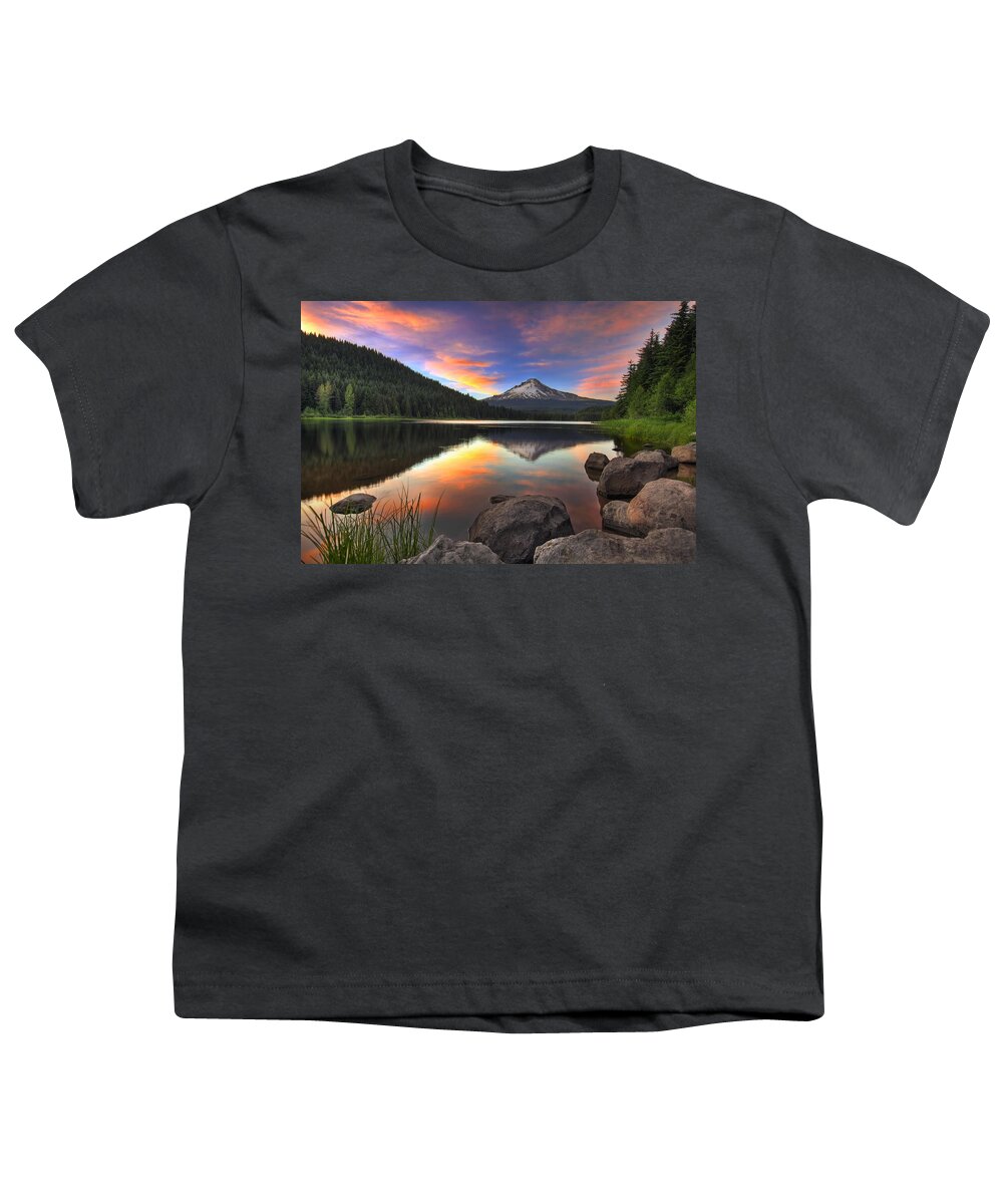 Sunset Youth T-Shirt featuring the photograph Sunset at Trillium Lake with Mount Hood by David Gn
