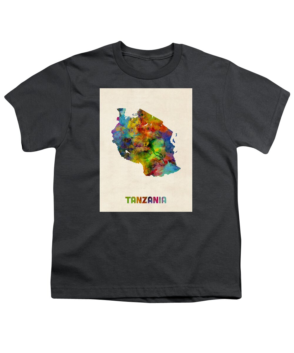 Map Art Youth T-Shirt featuring the digital art Tanzania Watercolor Map by Michael Tompsett