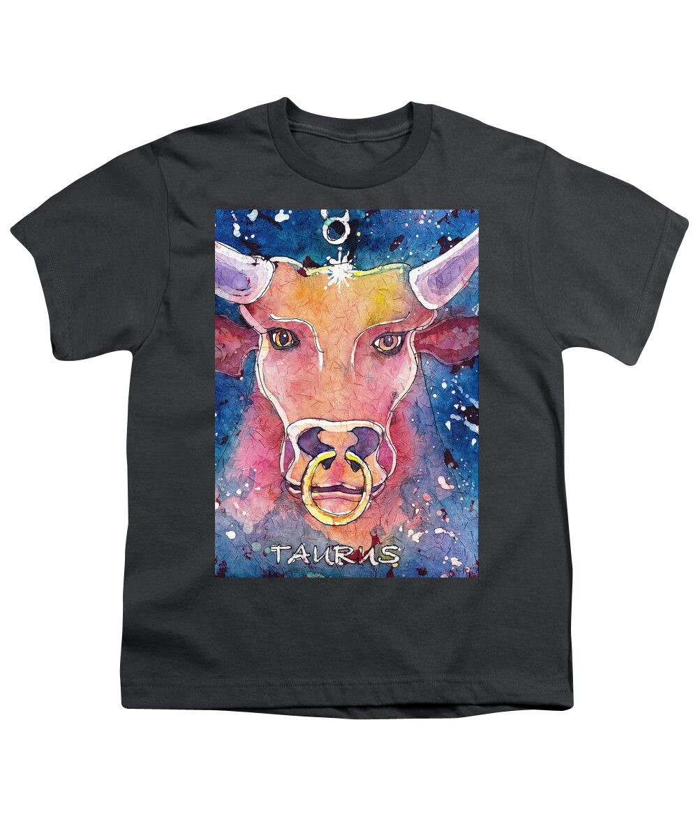 Zodiac Youth T-Shirt featuring the painting Taurus by Ruth Kamenev