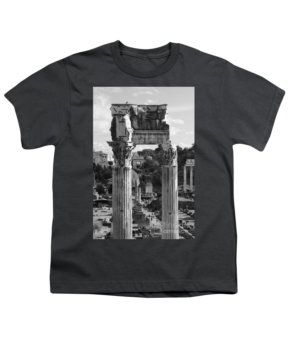 Italy Youth T-Shirt featuring the photograph Temple of Saturn Ruins in Black and White by Angela Rath