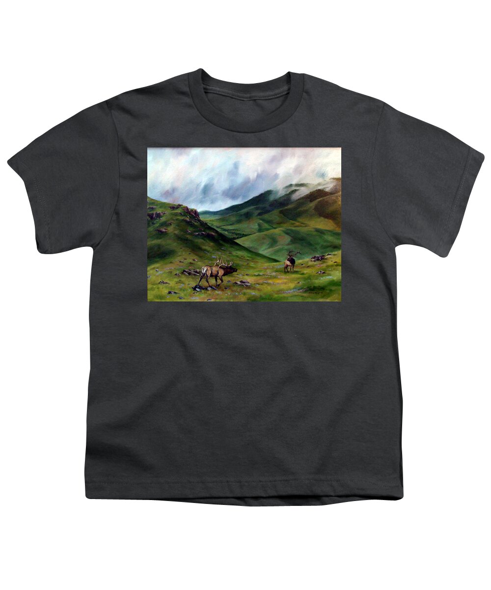 Elk Youth T-Shirt featuring the painting The Challenger by David Maynard