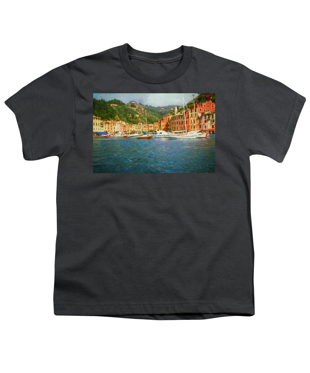 Painting Youth T-Shirt featuring the painting The Italian Village of Portofino by Mitchell R Grosky