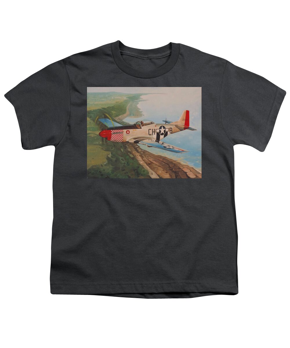 Oil Painting Prints Fine Art France Omaha Beach P-51 Aircraft World War 2 Ocean United States Air Force Airplane Planes Vintage Aircraft Youth T-Shirt featuring the painting The P-51 Riblet by T S Carson