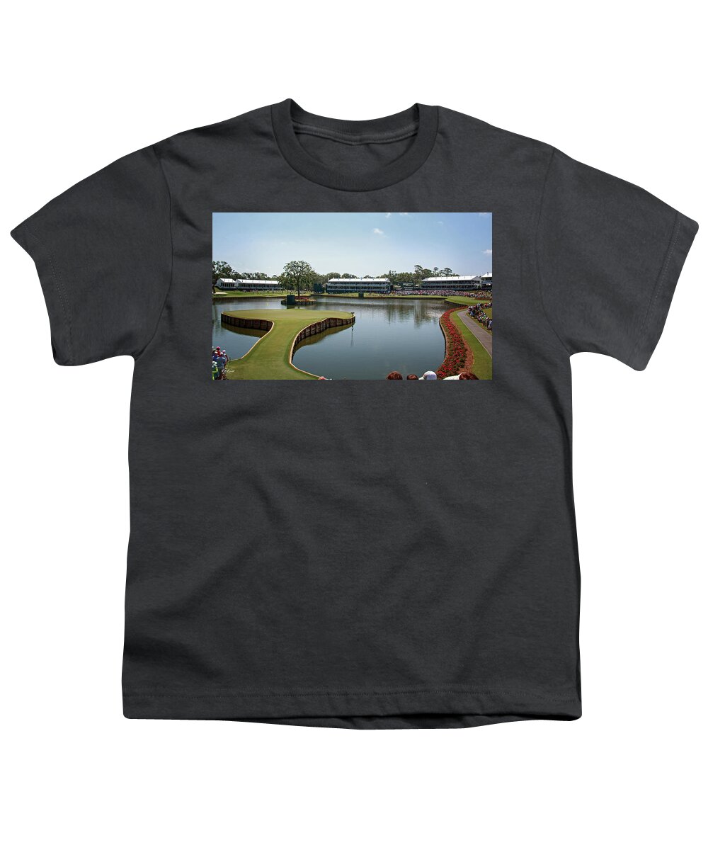 Florida Youth T-Shirt featuring the photograph The Players - Tiger at the Players TPC Sawgrass Island Green 17th by Ronald Reid