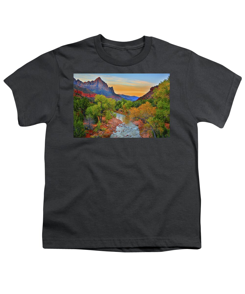 The Watchman And The Virgin River Youth T-Shirt featuring the photograph The Watchman and the Virgin River by Raymond Salani III
