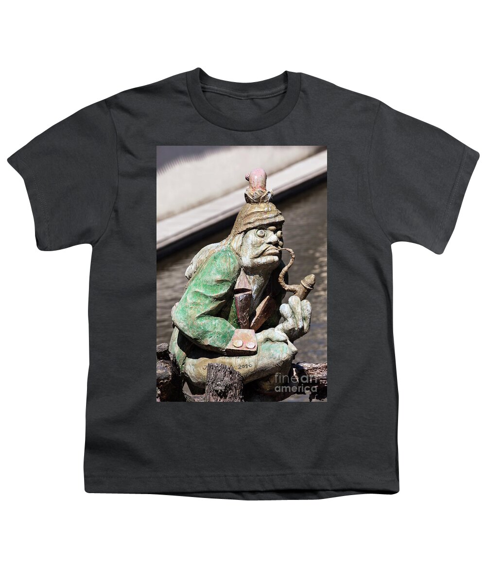 Prague Youth T-Shirt featuring the photograph The water goblin statue guarding Velkoprerovsky Mill on Certovka or Devil's stream. Prague, Czech Republic by Michal Bednarek