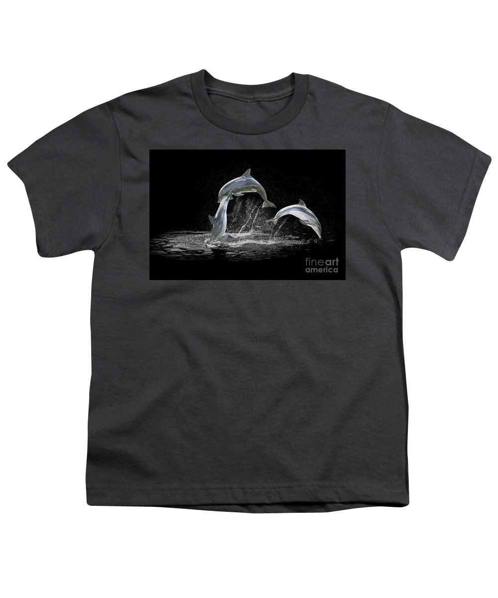 Dolphin Youth T-Shirt featuring the digital art Three Dolphin jumping by Benny Marty