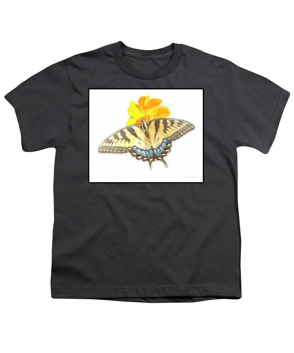 Tiger Swallowtail Butterfly Youth T-Shirt featuring the digital art Tiger Swallowtail Butterfly, Cosmos Flower by A Macarthur Gurmankin